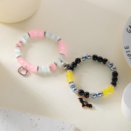 ThomJeley Matching Bracelets for Couples BFF, Bat Pendant Cat Kitty Charm Stretch Beaded Bracelets with Split Heart Friendship Bracelet Set for Women Men Statement Charm Jewelry Gifts (Type 1)