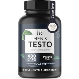 LIFE 360+ Mens Testo | 400 Cápsulas por envase | Fenogreco, Maca Negra, Roja y Amarilla, L-Arginina, Zinc, Vitamina D, Magnesio, Ginseng y Guaraná | S