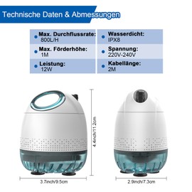 BAITAI Tauchpumpe (800L/H, 12W, Durchflussregelbar), Ultraleise Wasserpumpe mit 2m Netzkabel, 2 Düsen für Aquarium, Teich, Brunnen, Wasserspiele, Hydroponik, Pool & mehr