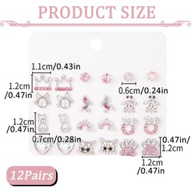 12 Pairs Cute Earrings, Stainless Steel Earrings for Girls Hypoallergenic Small Studs for Kids Teenage Girls(Pink/Silver)