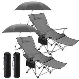 Yuntau 2 Set Reclining Camping Chair with Umbrella for Adult Folding Camping Chair with Foot Rest Adjustable Clamp Canopy Shade, SPF 50+, Lounger for Outdoor Spring Summer Travel(Grey,Vintage)