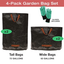 Excello 4-Pack 72 and 63 Gallon Reusable Heavy Duty Gardening Waste Bag Set with Gloves (Black)