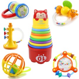 Fisca Baby Rattle Toys Set for Toddler, 6PCS Stacking Cups Horn Roll Ball Toys with Music and Light for Baby 6-12 Months