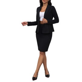 Two Piece Suit Sets Stretchy 2 Piece Outfits for Women Business Work Blazer Jacket Skirts Sets Black L