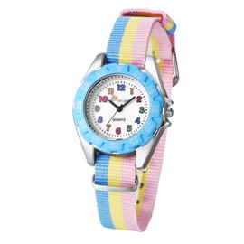 JewelryWe Cute Nylon Strap Watch: Time Teacher Analog Quartz Muticolor Soft Cloth Striped Band Wrist Watches Teens Girls School Opens Graduation Birthday Gift