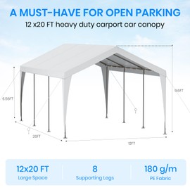 Carport 12x20 Heavy Duty Portable Garage,Galvanized Frame Carport Canopy,Portable Garages and Shelters with 8 Leg&4 Wind Rope,Car Tent Garage with All-Season Tarp for Boat Truck,Without Sidewall