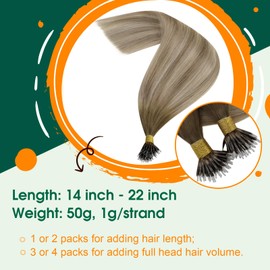 Easyouth Nano Ring Hair Extensions Real Human Hair 18inch Nano Loop Hair Extensions Brown to Blonde Ombre Hair Extensions Nano Beads Human Hair Extensions Nano Tip Hair Balayage 50s/50g