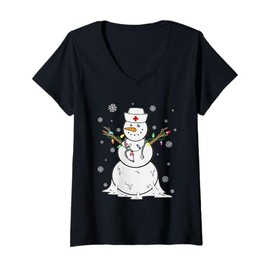 Womens Funny Snowman Nurse Scrub Christmas Pajamas Xmas Lights V-Neck T-Shirt