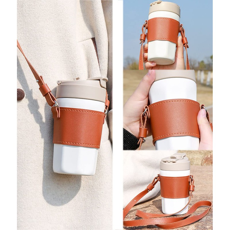 Bombinate Leather Cup Holder Round Coffee Handle Strap Bag
