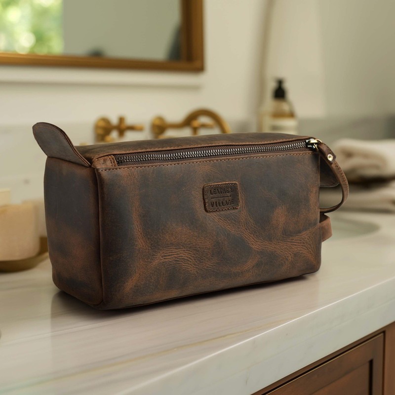 LEATHER VILLAGE Premium Leather Travel Toiletry Bag - Unisex Water-Resistant