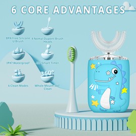 PVOGRT Kids U Shaped Electric Toothbrush, Toddler Toothbrush with 2 U-Shaped Brush Heads 2 Soft Replacements with Toothpaste Automatic Toothbrush Rechargeable,6 Cleaning Modes - Age2-7 Blue