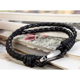 Flongo Stainless Steel Leather Bracelet Bangle Cuff Silver Black Braided Simple Fashion Men Women, Alloy Steel