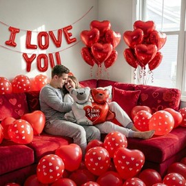 I Love You Balloons red romantic kit with heart Little Bear mylar balloons red rose petals Hanging Hearts for hotel Dec orations decorations Valentines Party wedding anniversary supplies. (Red Rose)