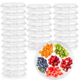 Lawei 30 Pack 12.5 Inch Plastic Appetizer Tray with Lid, 6 Sectional Round Plastic Serving Tray, PET Food Serving Dip Platter, Disposable Fruit Vegetable Trays Storage Containers for Party Buffet