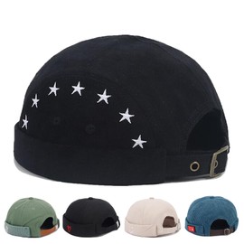 Star Mens Docker Cap Brimless Hats Skull Cap Sailor Caps Adjustable Rolled Cuff Retro Womens Beanie Hat (Black)
