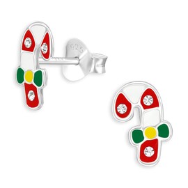 Monkimau Children's Candy Cane Stud Earrings 925 Sterling Silver with Crystals and Colourful Enamelled, Sterling Silver