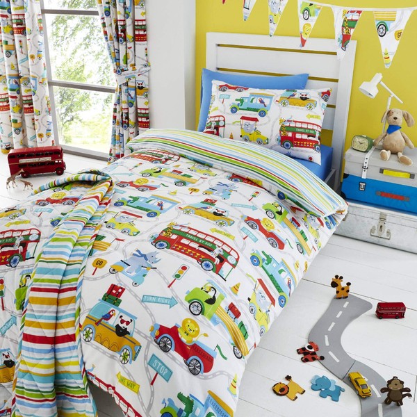 Happy Linen Company Kids Boys Girls Zoo Escape Animals White Reversible Toddler Cot Bed Bedding Duvet Cover Set