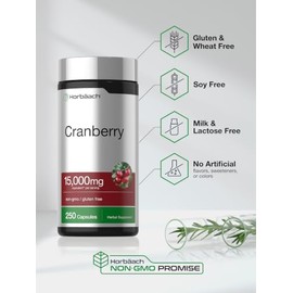Horbäach Pastillas de arándano + vitamina C | 15.000 mg | 250 cápsulas | Suplemento sin OMG ni gluten a base de extracto concentrado