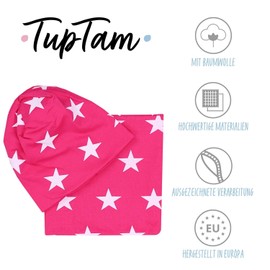 TupTam Girls' Children's Beanie Hat Tube Scarf Set of 2 Autumn Winter Lined Hat Transition Hat with Loop, Jersey two-ply - white stars amaranth