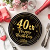 Happy 40th Birthday Paper Plates 7”Black and Gold,16Pcs Disposable Tableware