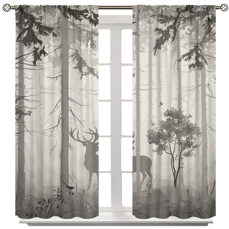 Deer Blackout Curtain,Grey Misty Forest Rustic Wildlife Moose Mountain Elk