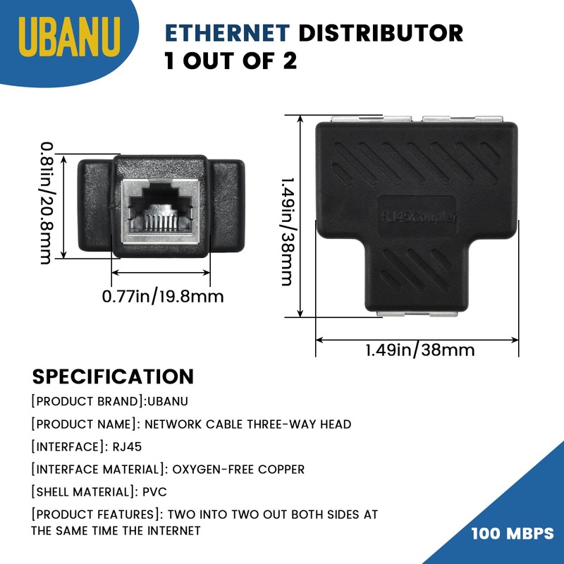 UBANU 2 Pcs RJ45 Splitter Adapter, Ethernet Splitter 1 to