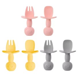 Yummy Baby 3 Pack Deluxe Baby Spoons and Forks Feeding Sets, 3 Month+ First Stage Self Feeding Training Toddler Utensils, For Baby Led Weaning,100% Food Grade Silicone and BPA Free (Pink/Yellow/Gray)