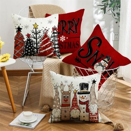 Ni-JASW - Juego de 4 fundas de cojín de Navidad de árbol de muñeco de nieve de 18 x 18 pulgadas, fundas de cojín de gnomos de feliz Navidad, para sofá, para sofá, etc