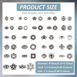 PH PandaHall 1200pcs 24 Styles Antique Silver Spacer Beads, Tibetan Alloy Tube Snowflake Spacers Beads Flower Flat Rondelle Small Loose Beads for Bracelet Necklace Earring Jewelry Making Supplies