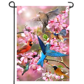 Anley Bandera Decorativa de jardín de Primavera de Doble Cara, Banderas de jardín de Bienvenida de Flores y pájaros - Resistente a la Intemperie y Doble Costura - 18 x 12.5 Pulgadas