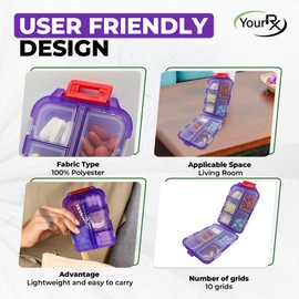 YourRx Travel Pill Box – Travel Pill Organizer – Compact Portable Pill Case with 10 Compartments – Pill Case for Purse, Pocket – Durable Daily Pill Organizer for Vitamins, Supplements (Purple)