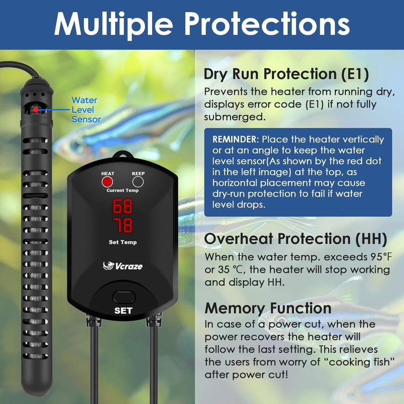 VCRAZE Aquarium Heater 200W Fish Tank Heater with External Thermostat
