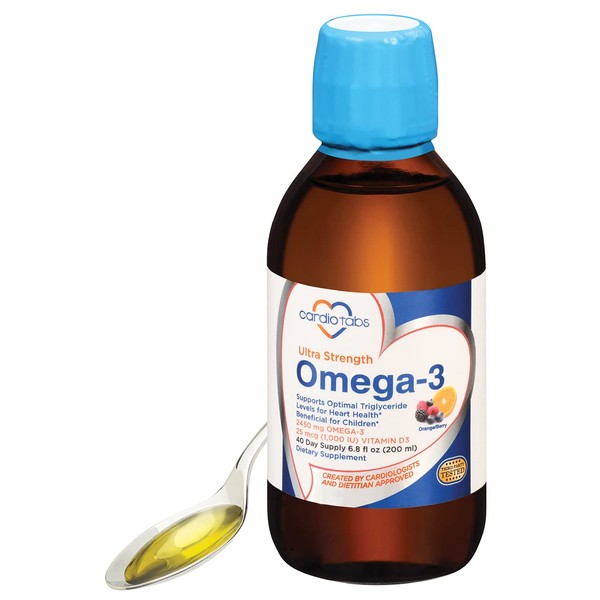CardioTabs Ultra Strength Liquid Omega-3 + Vitamin D3, Fish Oil Supplements 4,500mg Omega-3 Marine Oil from Fish Oil and Calamarine, 2,130mg DHA and EPA, 1,000 IU of Vitamin D3-6.8 fl oz