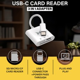 Xtreme USB-C Card Reader 3-in-1 Adapter, Reads Micro SD/CF Cards, SD/CF Cards, While Charging Through USB Type C, Fast Read & Write Speeds, Versatile Card Reader for Laptops & Desktops, No App Needed