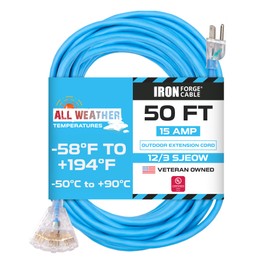 Iron Forge Cable Outdoor Extension Cord 50 ft, 12 Gauge Extension Cord with Multiple Outlets, All Weather Extreme Cold & Hot Temperatures from -58°F to +194°F, 12/3 SJEOW Blue Heavy Duty Lighted Cable