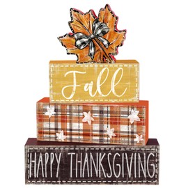 DIYDEC 4Pcs Fall Table Decor Fall Wood Block Signs Maple Leaves Sign Autumn Tiered Tray Decor Thanksgiving Centerpieces Signs for Holiday Tabletop Coffee Fireplace Shelf Desk Party Decoration