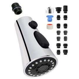 Universal Kitchen Faucet Head Replacement with 15 Adapter Kit Compatible with Kohler/Moen/Delta Faucet, 3 Function Pull Down Sink Faucet Spray Head, Chrome