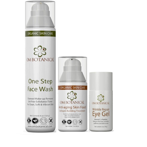 Best Organic Anti-aging Kit with One Step Face Wash, Anti-aging Skin Food and Wrinkle Repair Eye Serum with Peptides and Vitamin C