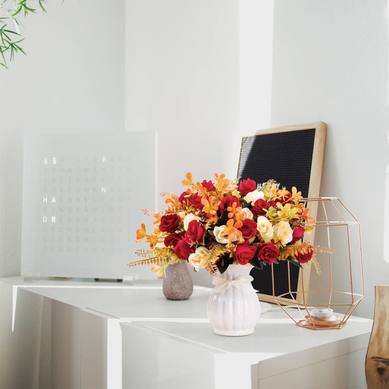 LESING Artificial Fake Flowers with Vase Silk Artificial Roses Wedding
