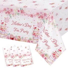 MEHOFOND Mother’s Day Tea Party Tablecloth 3 Pack 54x108 Inch Pink Floral Rose Disposable Table Cover, Mothers Day Tea Party Decorations for Mom Brunch, Garden Party Supplies