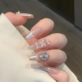 YXRXKJ Nail Tips, Medium, 24 Pieces, Nail Tips, Short, Popular, Japanese Style, Cute, Simple, Stylish, False Nails, Short, Spring & Summer, Bride Nails, Glossy, Coming of Age Ceremonies, Graduation