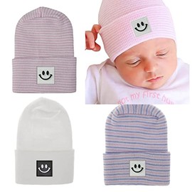 upeilxd Newborn Baby Hat Infant Caps Baby Boy Girl Toddler Hospital Hats Bow Double Layer Knit Beanie Cap for 0-3 Months (3 Pcs Smile Face Hat -D)