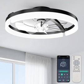 ropelux Ceiling Fans with Lights, Low Profile Ceiling Fan with APP and Remote Control, 3000-6000K & Brightness Dimmable Fandelier Flush Mount LED Fan Light (Minimal-Black, 18inch)