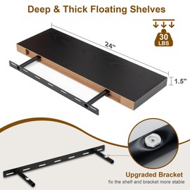 Fun Memories Floating Shelves for Wall, 24Inch Floating Shelves Set of 2, Hanging Shelf with Invisible Brackets, Wood Shelves for Living Room, Bedroom, Kitchen, Black