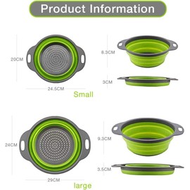 Collapsible Colander Set of 2 Round Silicone Kitchen Sink Strainer Set and Fruit Basket- 1 large 1 small Perfect for Draining Pasta, Vegetable and Fruit - Home Essentials (Green)