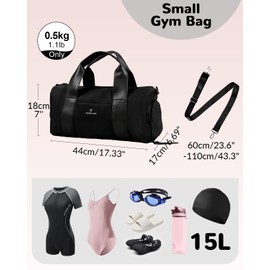 Outplea Small Cute Gym Bag for Women, 15L Lightweight Dance Bag with Wet Pocket & Shoe Compartment, Lightweight Sports Duffle Bags for Travel Workout Ballet Yoga, Black