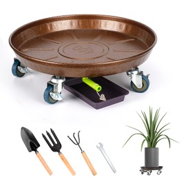 Ganggend 20" Metal Plant Caddy, Heavy Duty Planter Pot Mover with Iron Lockable Wheels and Drain Hole, Large Rolling Dolly Planter Caddy Flower Pot Indoor and Outdoor Flowerpot Tray (1pcs)