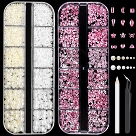 RODAKY 2 Boxes Rhinestones Nail Charms and Flatback Pearls,Light Pink Mini Heart Star Flower Nail Diamonds Multi Shape Flat Back Nail Gems,White & Beige Half Pearl for Nail Jewelry DIY Nail Art Décor