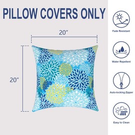 Melody Elephant Pack of 2 Patio Throw Pillow Covers ONLY, Water Repellent Cushion Cases 20x20 Inch, Square Pillowcases for Outdoor Couch Decoration, Dahlia Blue