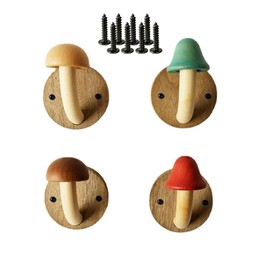 Auntzyj Wooden Mushroom Coat Hooks, Mushroom-Shaped Coat Hangers, Wall Mounted Towel Hanger, Solid Wood, Colorful, Set of Hooks with Screws (4 Hooks & 8 Screws)